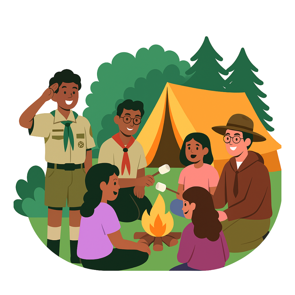 Ilustração de jovens escoteiros ao redor da fogueira em frente a uma barraca de acampamento