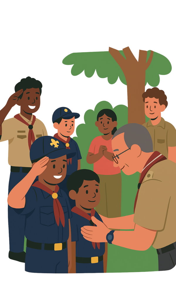 Grupo de escoteiros e mestre escoteiro em meio à natureza